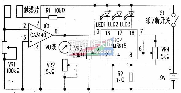 CA3140(IC1)用作电阻／电压变换器